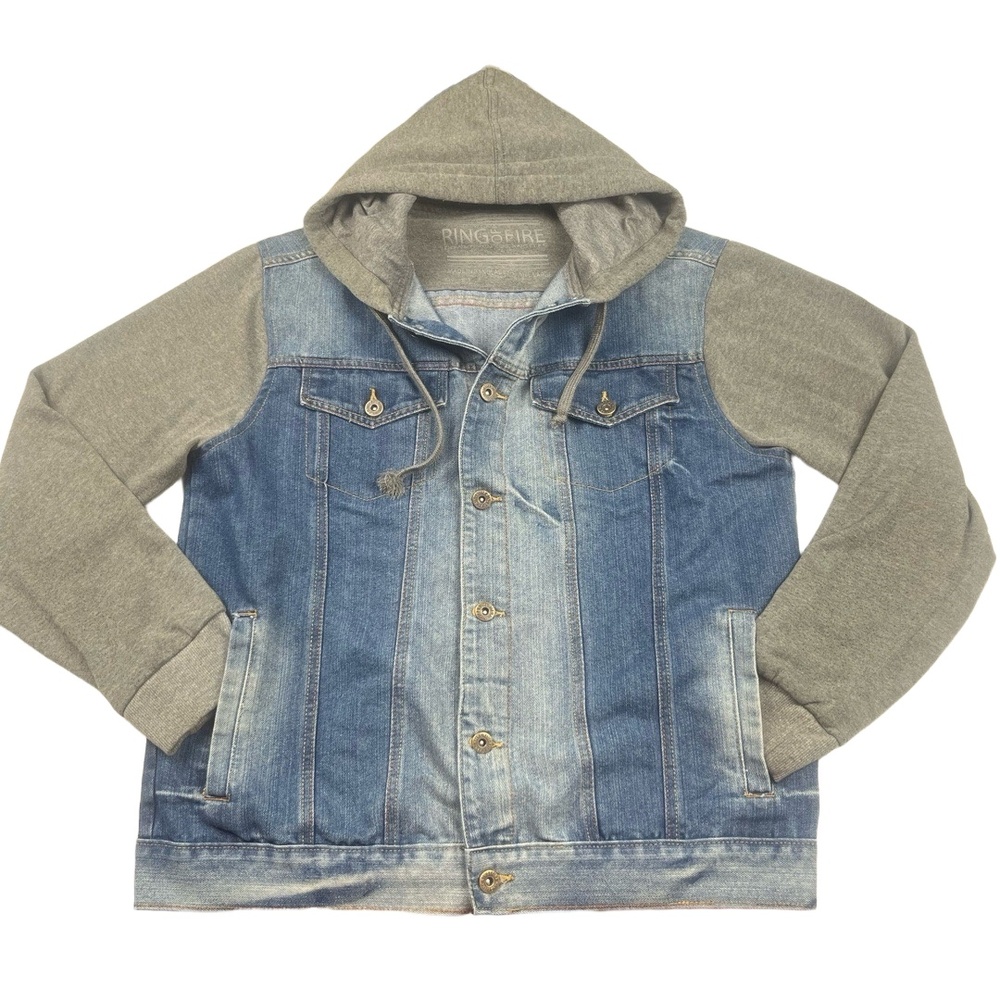 Ring Of Fire Jacket Size Large Blue and Gray Denim With Hood Urban Streetwear